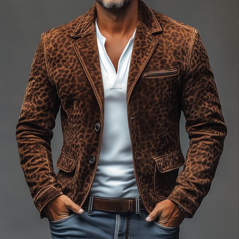 Men's Vine Leopard Sede  Notch Lapellti-pocket Single Breasted Blazer