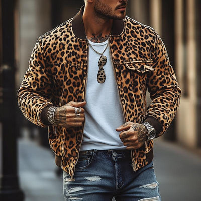 Men's Vine Leopard Print Chest Pocket Bomber Jacket