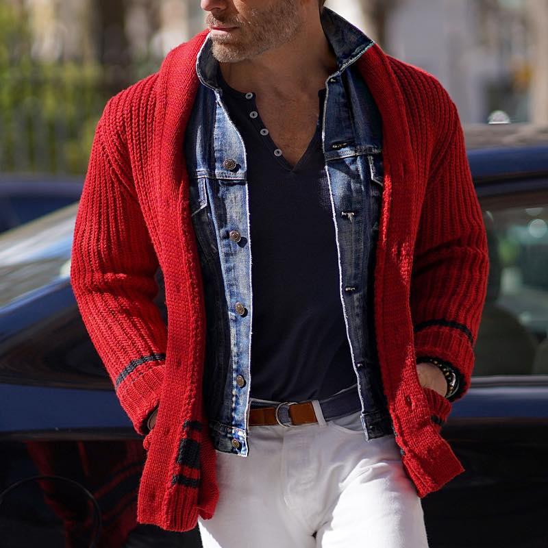 Men's Vine Color Block Striped Lapel Single-breastednit Cardigan