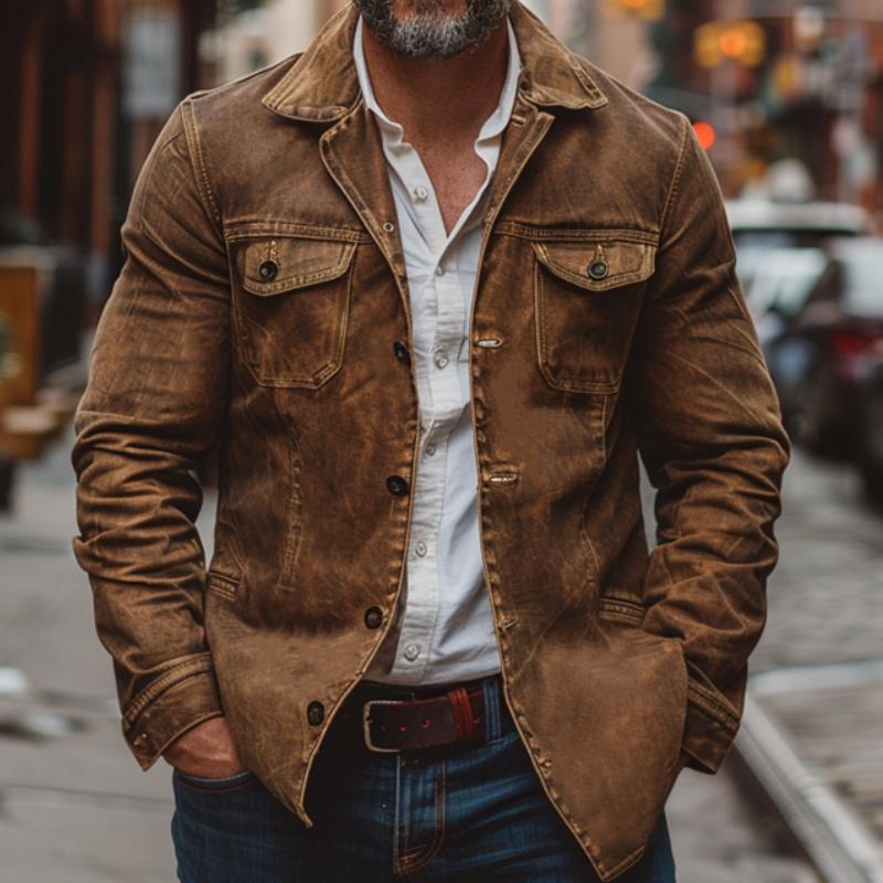 Men's Vine Heavy Washed Leather Lapel Single Breastedlti-Pocket Work Jacket