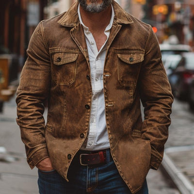 Men's Vine Heavy Washed Leather Lapel Single Breastedlti-Pocket Work Jacket