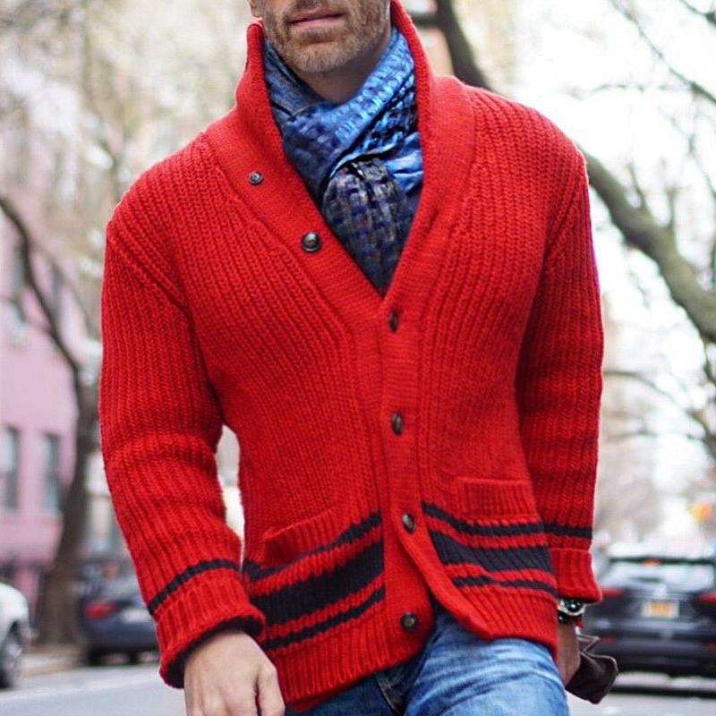 Men's Vine Color Block Striped Lapel Single-breastednit Cardigan