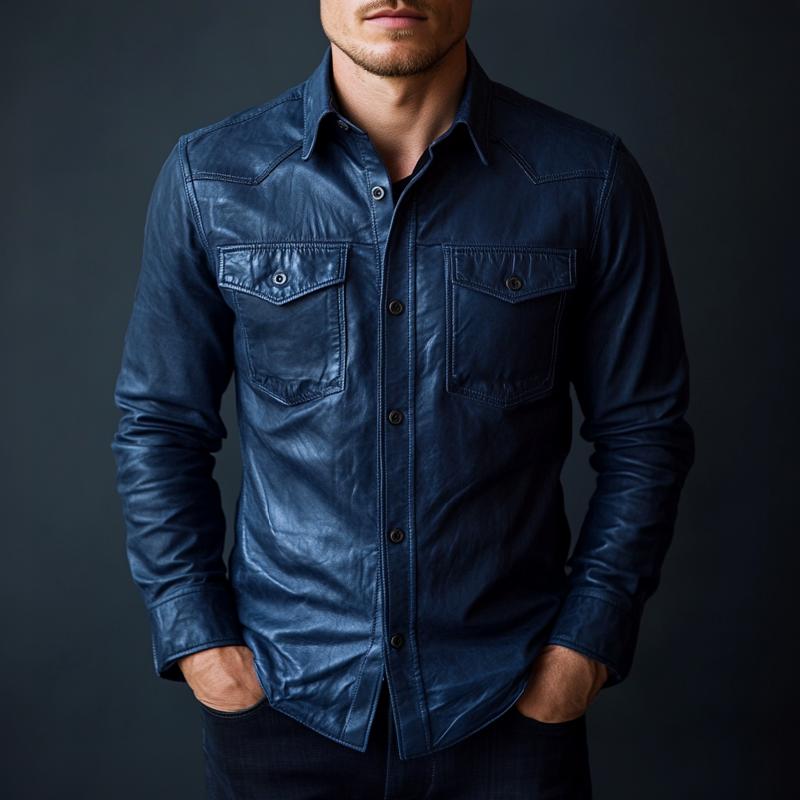 Men's Stylish Dark Ble Lapel Long Sleeve Leather Shirt F