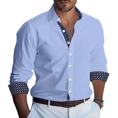 Men's Printed Colorblock Lapel Cotn Blend Long Sleeve Shirt