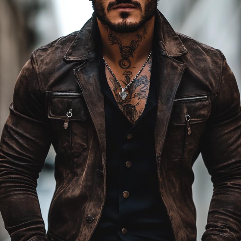 Men's Vine Distressed Sede Lapel Chest Pocket Single Breasted Jacket