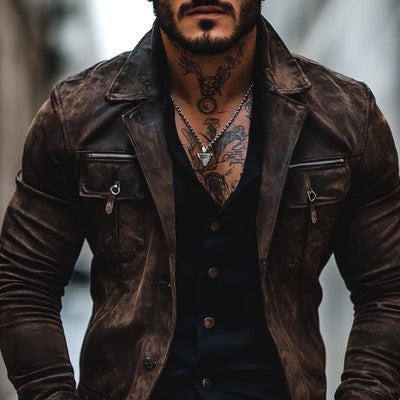 Men's Vine Distressed Sede Lapel Chest Pocket Single Breasted Jacket