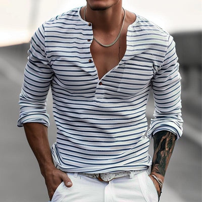 Men's Striped Henley Collar Long Sleeve Casal T-shirt