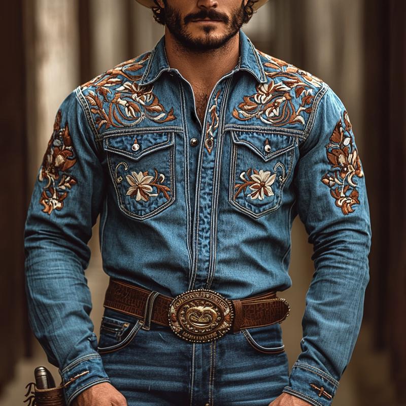 Men's Western Cowboy Style Embroidered Lapel Chest Pocket Long Sleeve DeniShirt