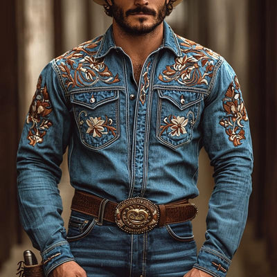 Men's Western Cowboy Style Embroidered Lapel Chest Pocket Long Sleeve DeniShirt