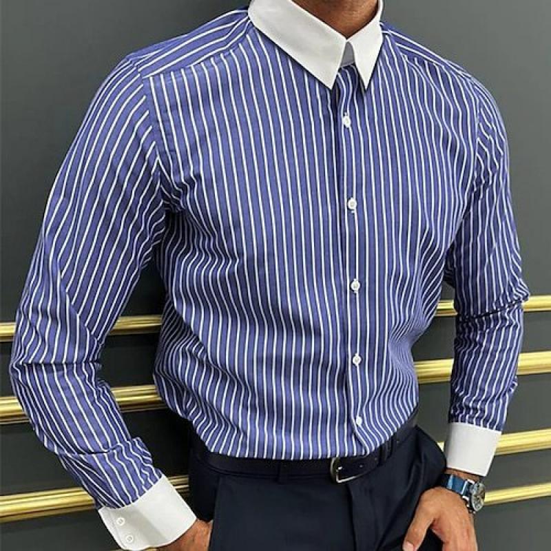 Men's Striped Colorblock Lapel Long Sleeve Casal Shirt