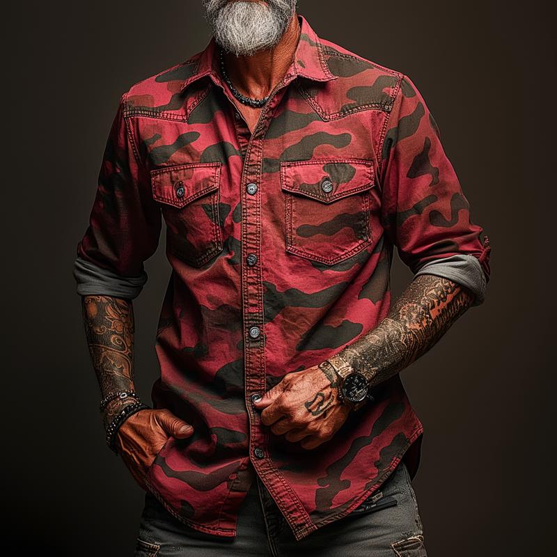 Men's Camoflage Lapel Chest Pocket Cargo Shirt