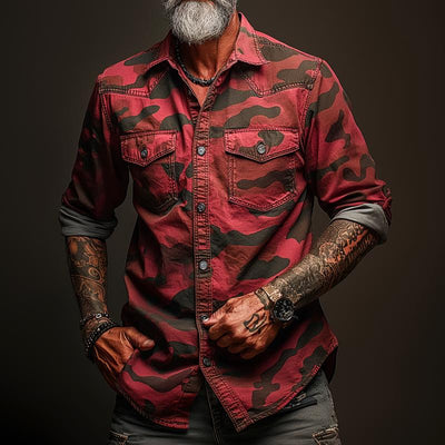 Men's Camoflage Lapel Chest Pocket Cargo Shirt