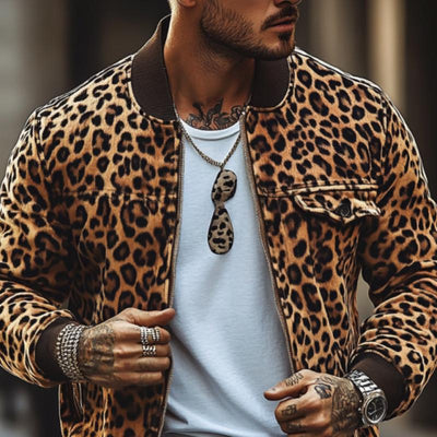 Men's Vine Leopard Print Chest Pocket Bomber Jacket