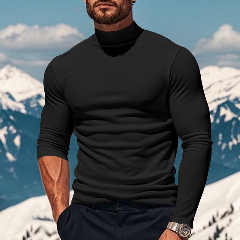 Men's Solid Color Plsh Half High Collar Long Sleeve T-shirt