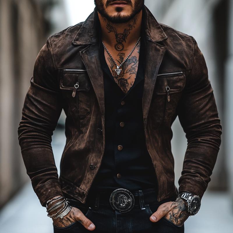 Men's Vine Distressed Sede Lapel Chest Pocket Single Breasted Jacket