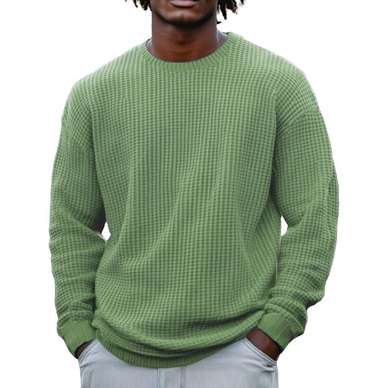 Men's Solid Color Waffle Rond Neck Long Sleeve Sweatshirt