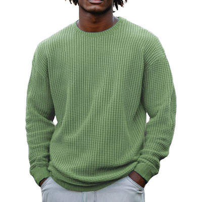 Men's Solid Color Waffle Rond Neck Long Sleeve Sweatshirt