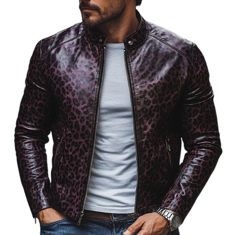 Men's Fashion Leopard Print Stand Collaripper SliFit Leather Jacket