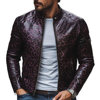 Men's Fashion Leopard Print Stand Collaripper SliFit Leather Jacket