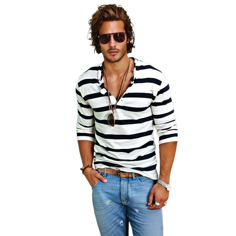 Men's Casal Striped Henley Collar Cotn Blend Long Sleeve T-Shirt