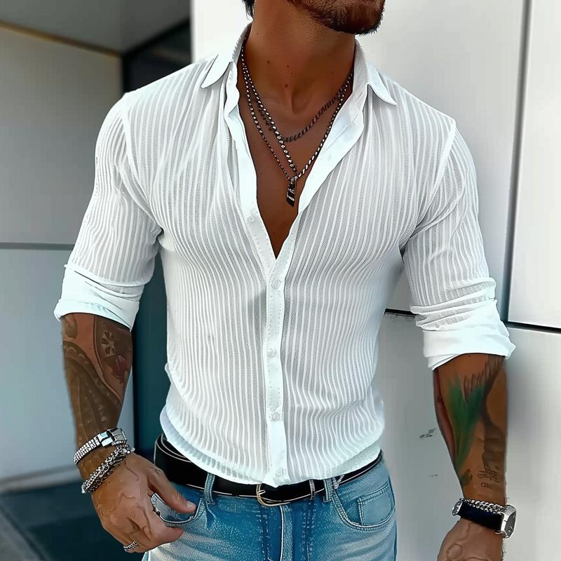 Best® | Men's Solid Color Striped Lapel Long Sleeve Shirt 94598700Z