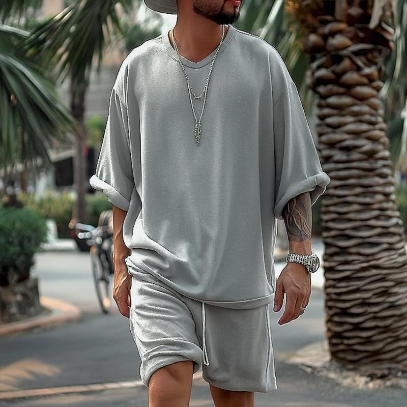 Men's Solid Loose V Neck Short Sleeve T-shirt Shorts Casal Set