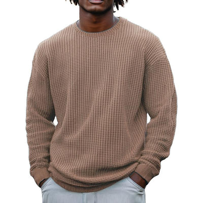Men's Solid Color Waffle Rond Neck Long Sleeve Sweatshirt
