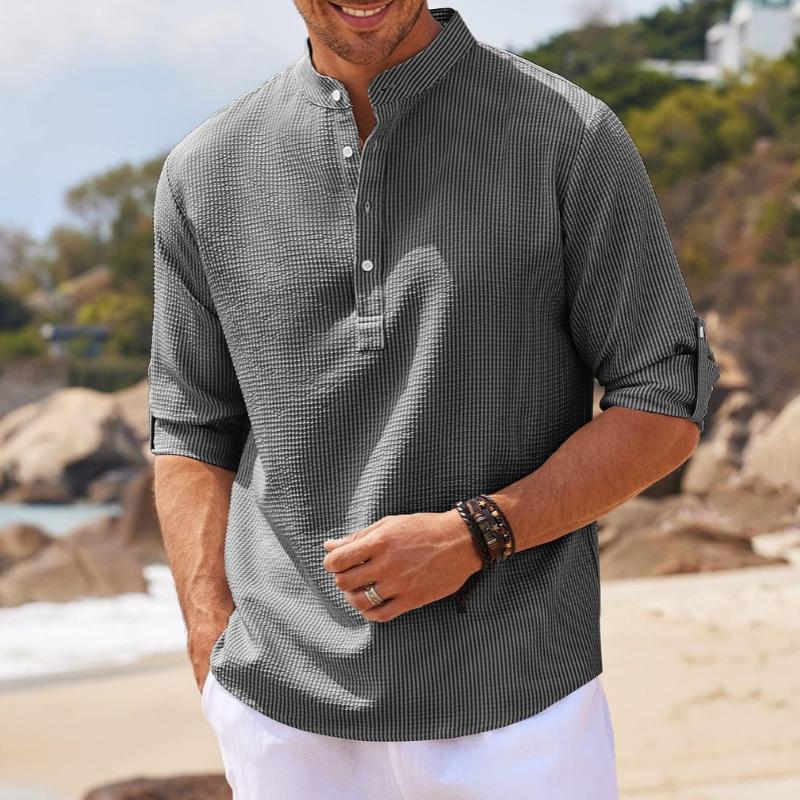Men's Waffle Stand Collar Rolled Sleeve Long Sleeve Shirt