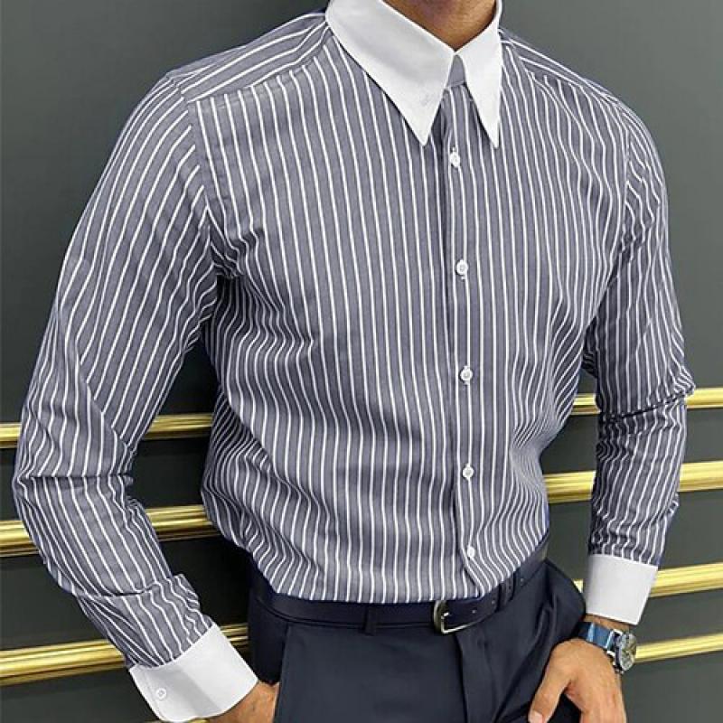 Men's Striped Colorblock Lapel Long Sleeve Casal Shirt
