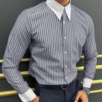 Men's Striped Colorblock Lapel Long Sleeve Casal Shirt