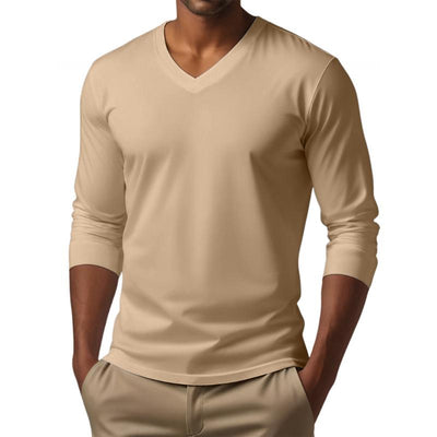 Men's Casal V-neck Cotn Blended SliFit Long Sleeve T-shirt