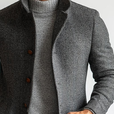 Men's Retro Herringbone Woolen Single-Breastedid-Length Coat