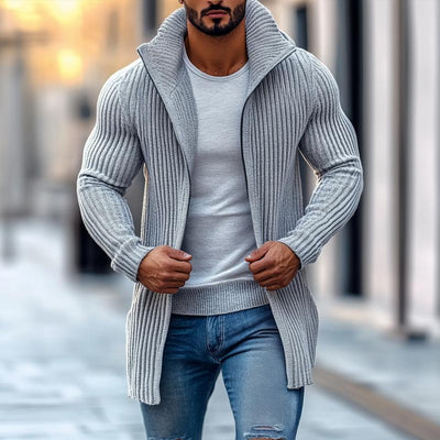 Men's Fashion Stand Collar Solid Striped Long Sleeve Mid-length Knit Cardigan