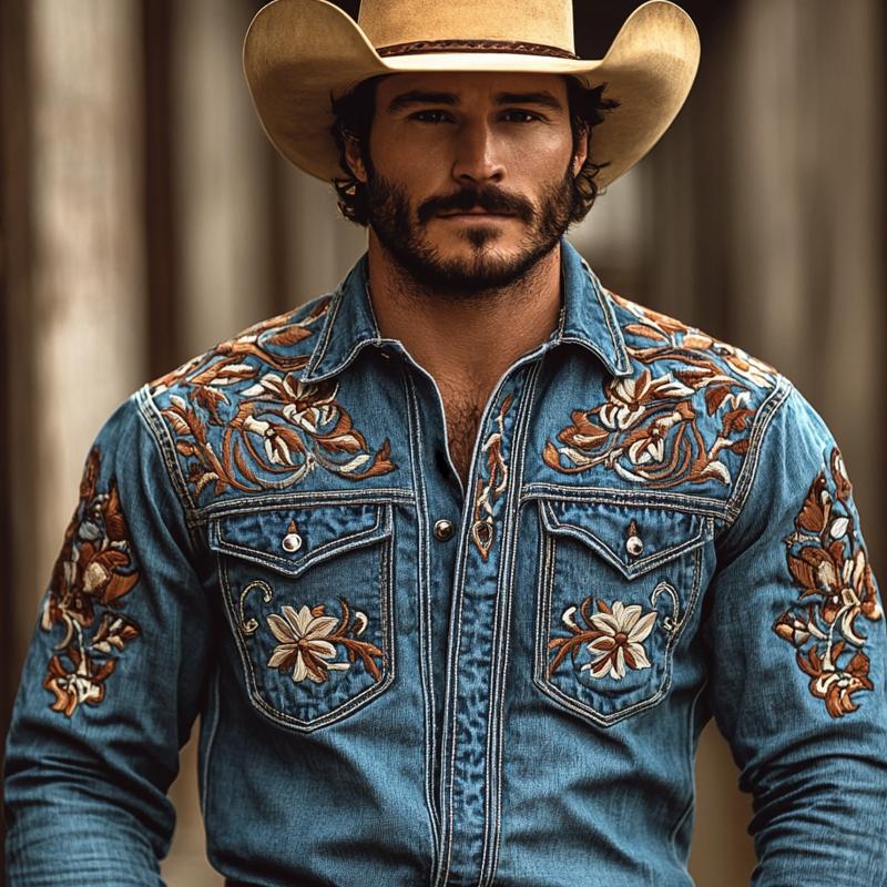 Men's Western Cowboy Style Embroidered Lapel Chest Pocket Long Sleeve DeniShirt