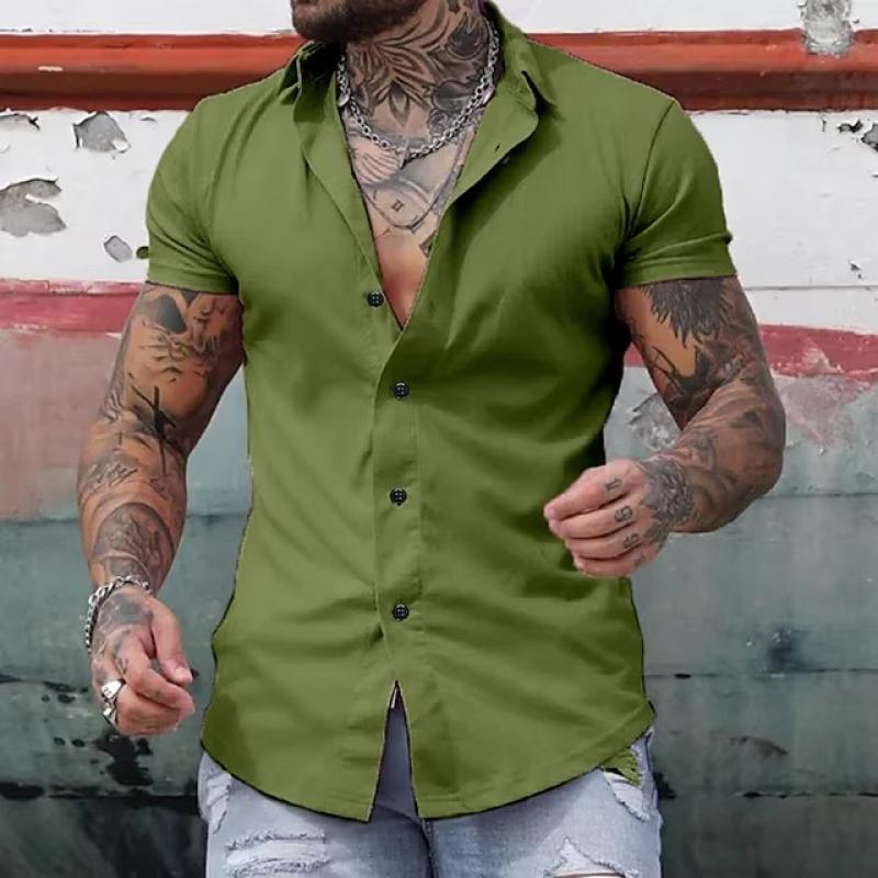 Men's Solid Lapel Short Sleeve Sports Fitness Shirt