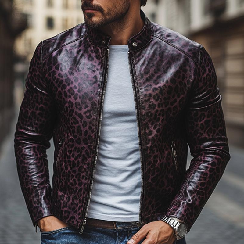 Men's Fashion Leopard Print Stand Collaripper SliFit Leather Jacket