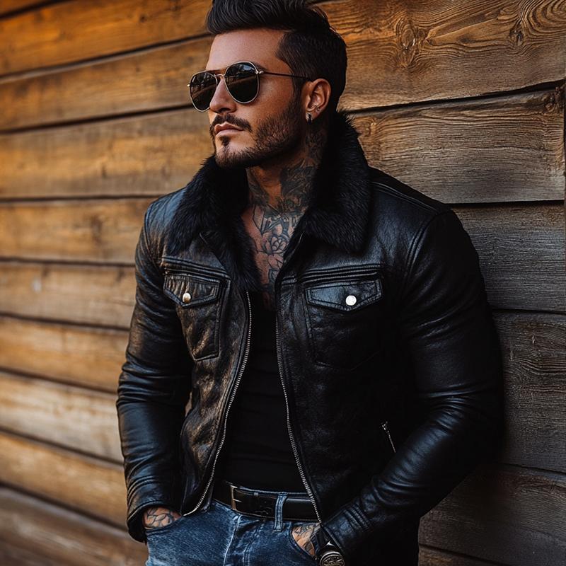 Men's Vine Fr Collar Leather Jacket