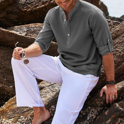 Men's Waffle Stand Collar Rolled Sleeve Long Sleeve Shirt