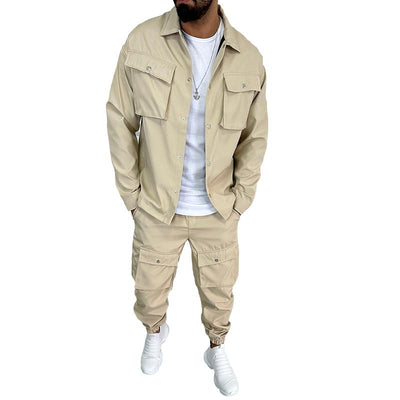 Men's Solid Color  Lapel Single Breasted Jacket Trosers Cargo Set