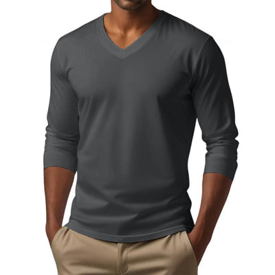 Men's Casal V-neck Cotn Blended SliFit Long Sleeve T-shirt