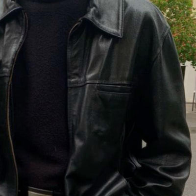 Men's Retro Casal Solid Color Lapel Leather Jacket