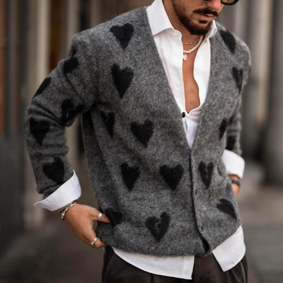 Men's Fashion Heart Graphic V Neck Single Breastednit Cardigan