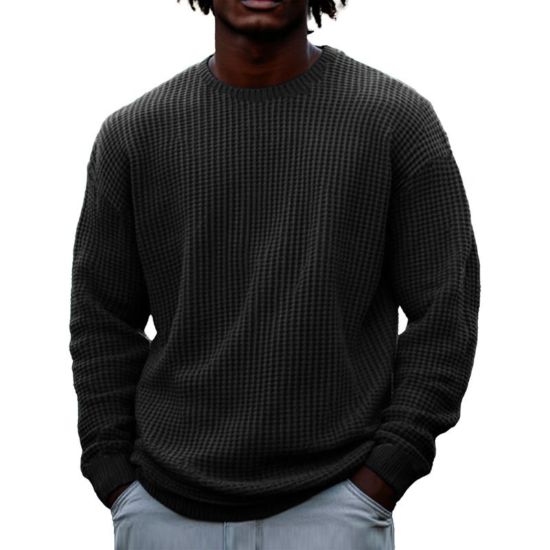 Men's Solid Color Waffle Rond Neck Long Sleeve Sweatshirt
