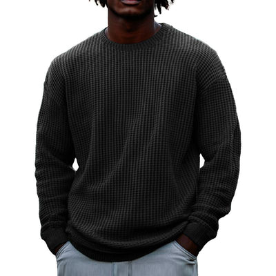 Men's Solid Color Waffle Rond Neck Long Sleeve Sweatshirt