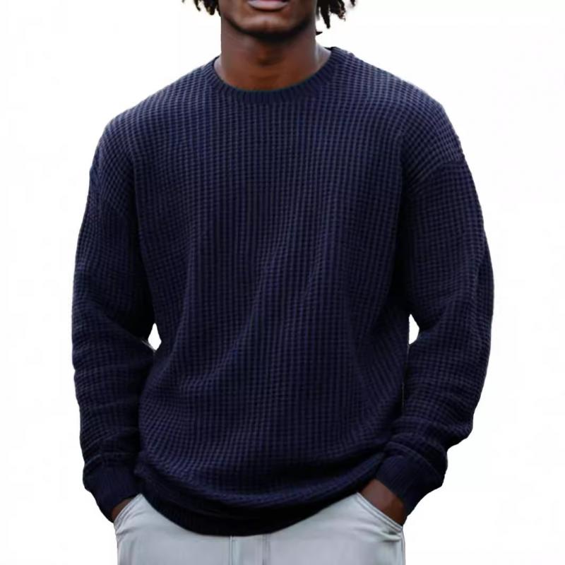 Men's Solid Color Waffle Rond Neck Long Sleeve Sweatshirt