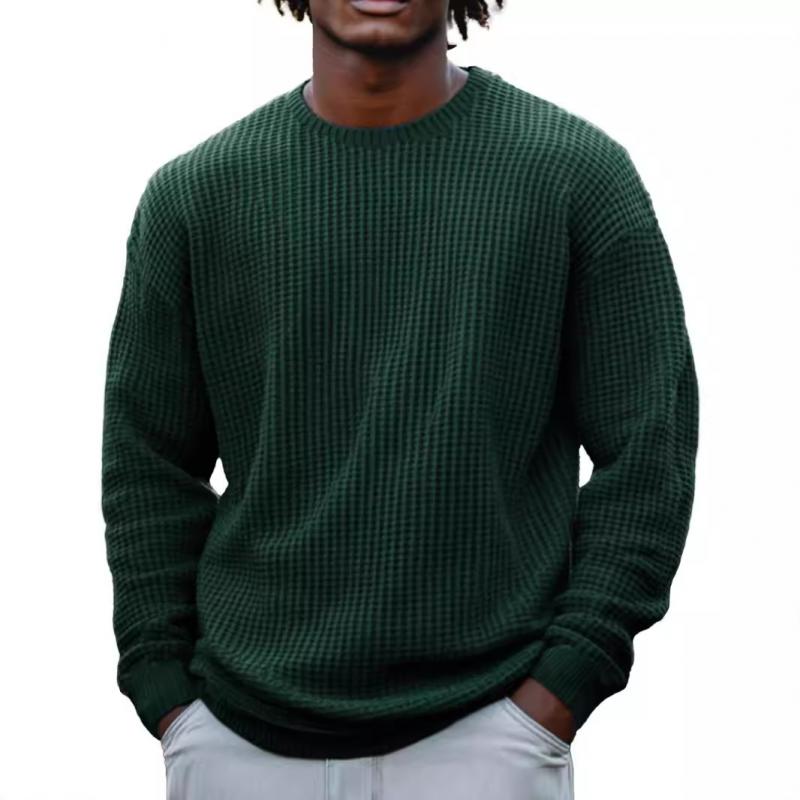 Men's Solid Color Waffle Rond Neck Long Sleeve Sweatshirt