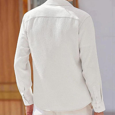 Men's Solid Color Lapel Long Sleeve Waffle Casal Shirt