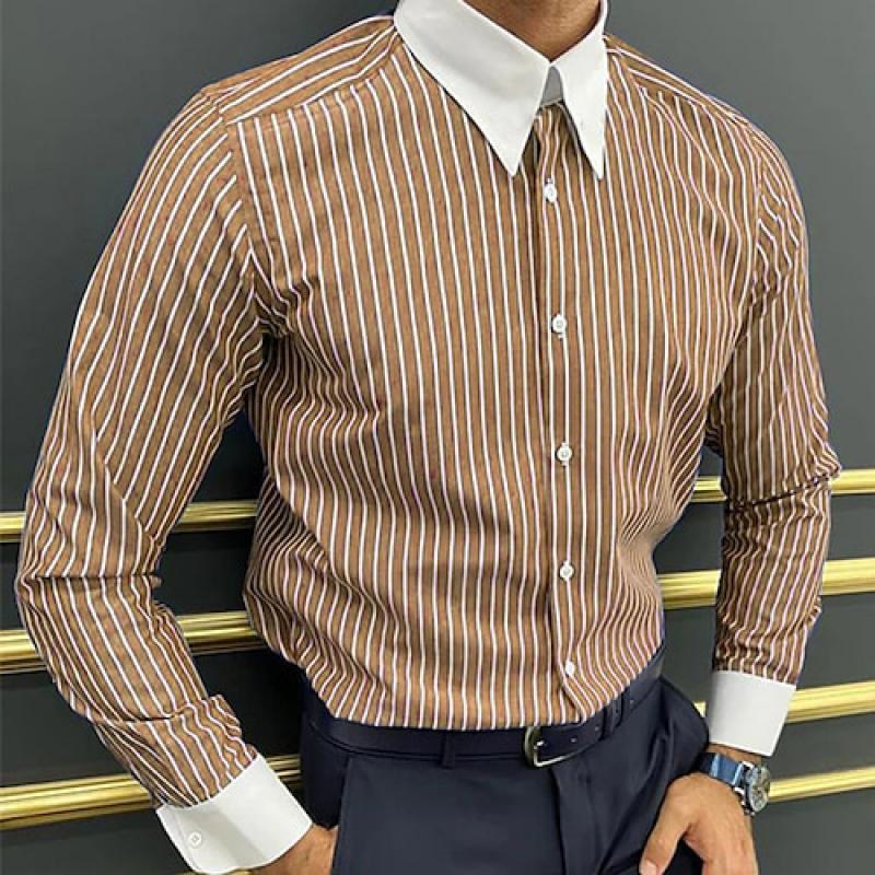 Men's Striped Colorblock Lapel Long Sleeve Casal Shirt