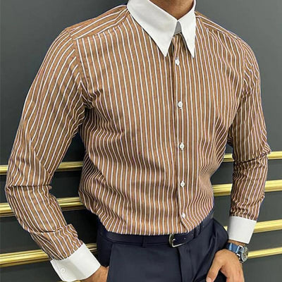 Men's Striped Colorblock Lapel Long Sleeve Casal Shirt