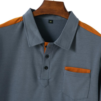 Men's Colorblock Chest Pocket Lapel Cotn Blend Short Sleeve Polo Shirt